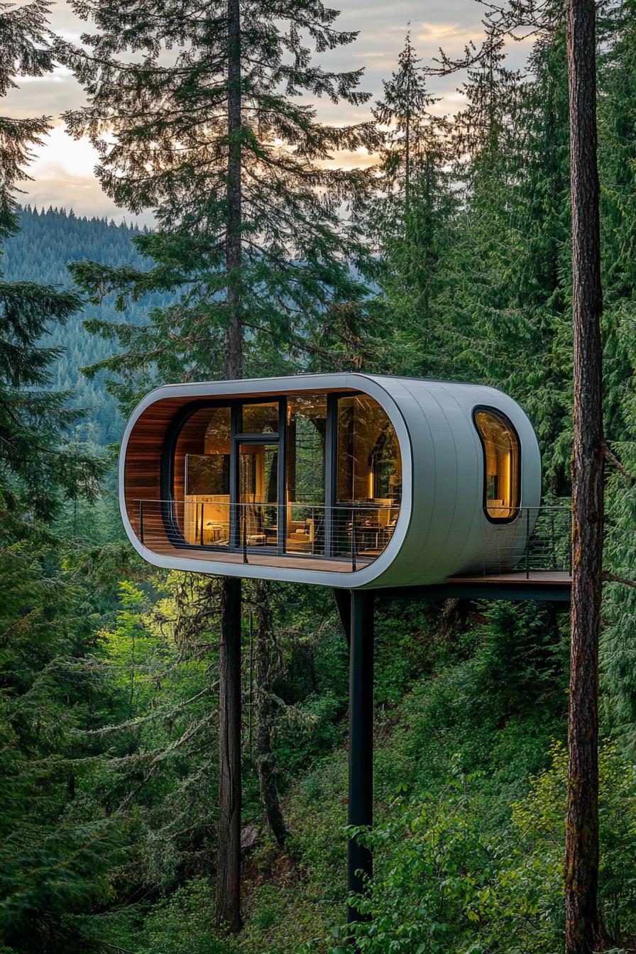 modern mountain pod house on high stilts in lush mountain woods