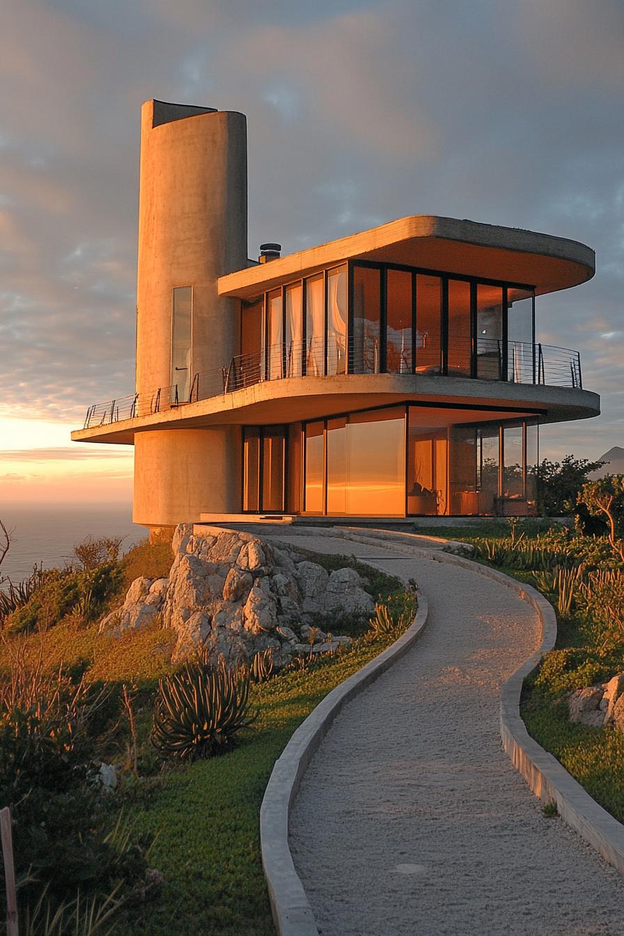 modern mountain top house with cylinder facade and 360 deck stunning ocean island views 2