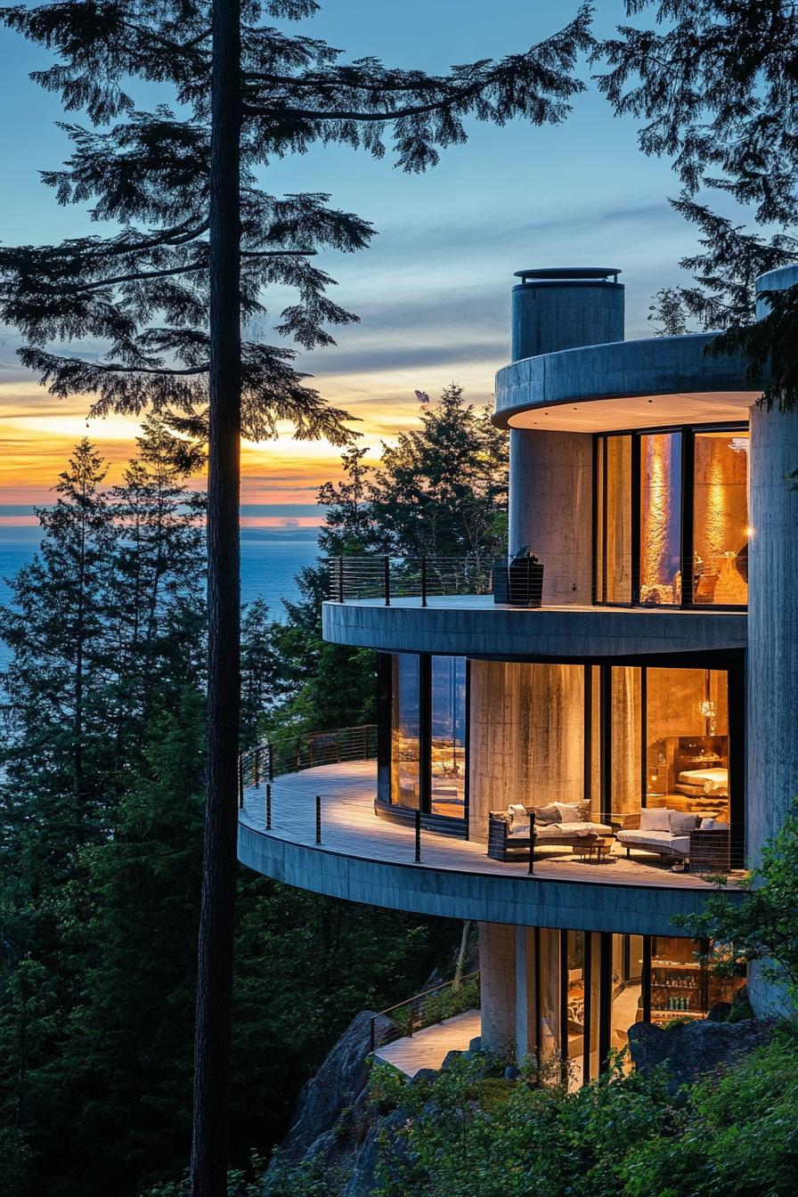 modern mountain top house with cylinder facade and 360 deck stunning ocean island views