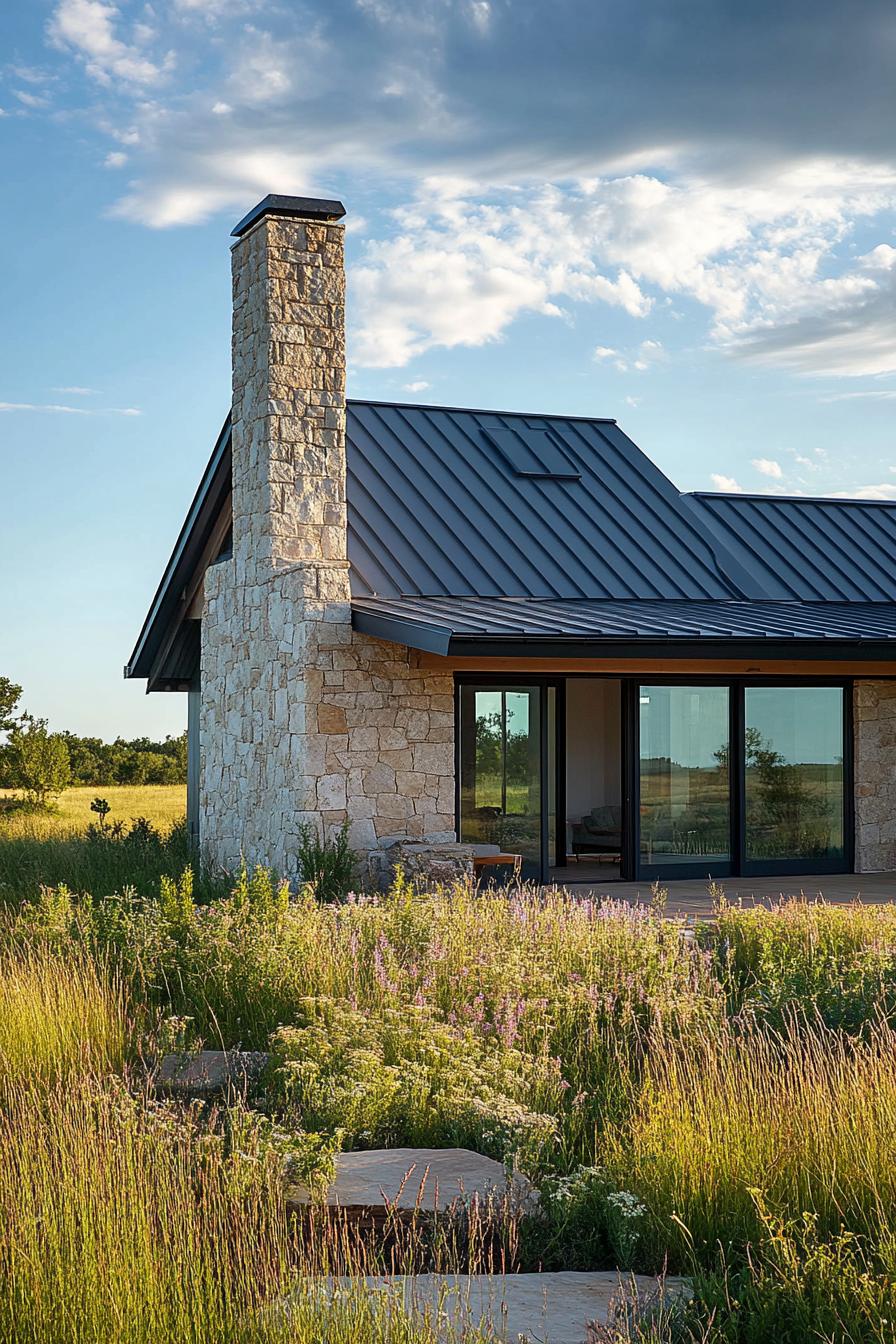 modern rural house facade with stone chimney and metal roof on a stunning prairie ranch 1