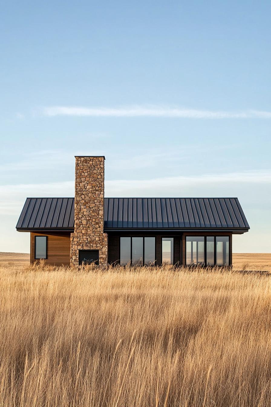 modern rural house facade with stone chimney and metal roof on a stunning prairie ranch 2