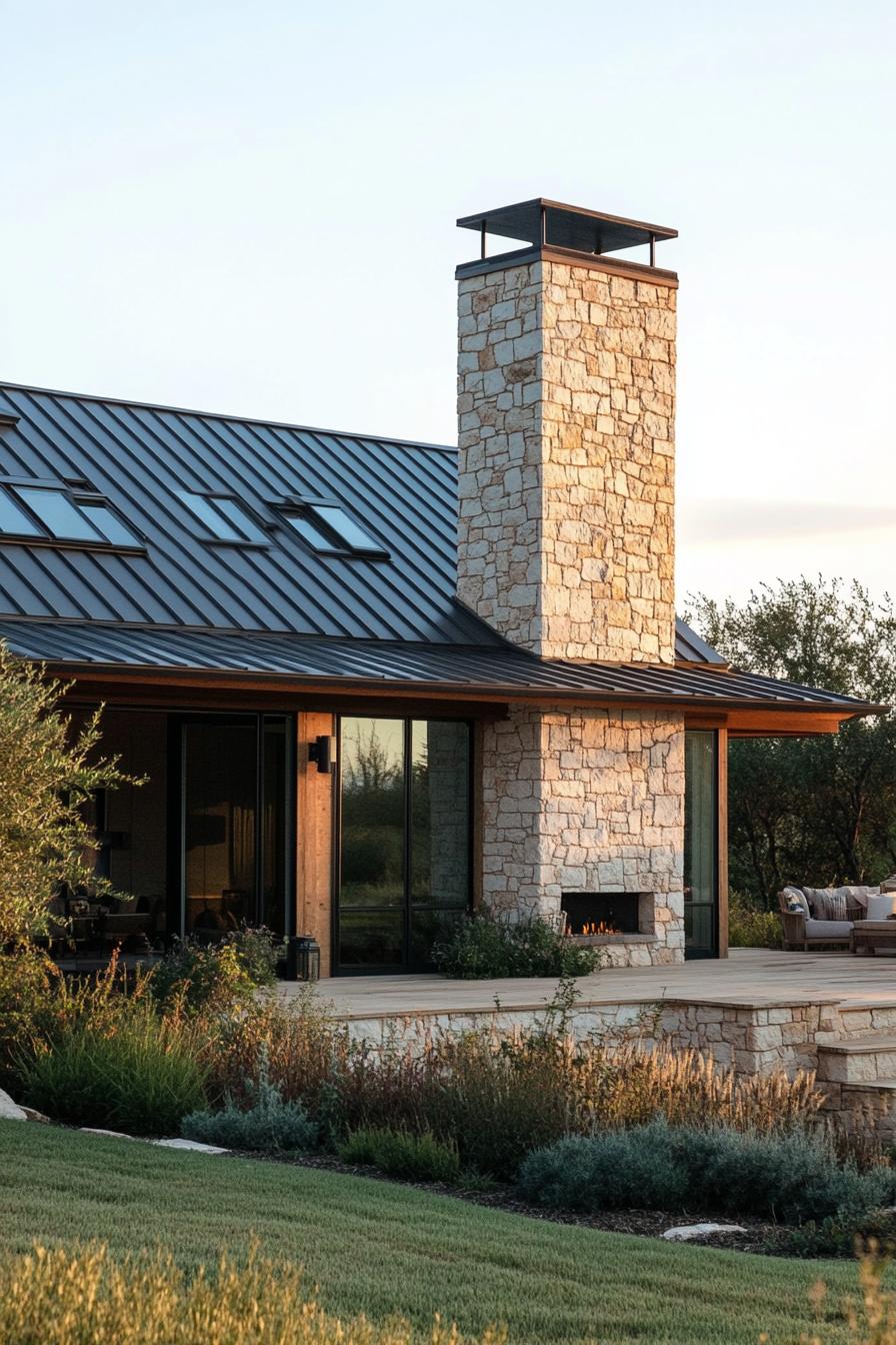 modern rural house facade with stone chimney and metal roof on a stunning prairie ranch 3