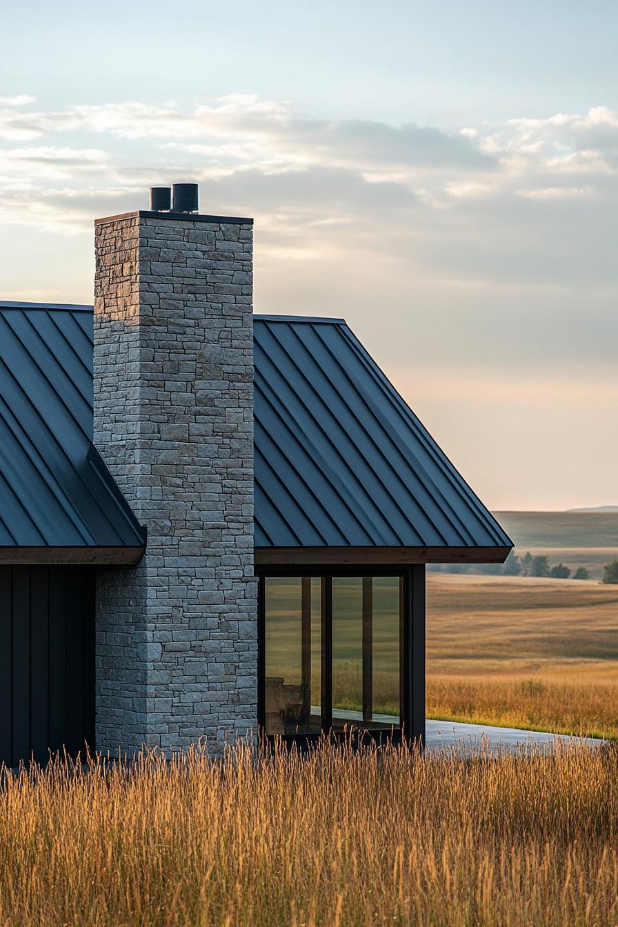 modern rural house facade with stone chimney and metal roof on a stunning prairie ranch