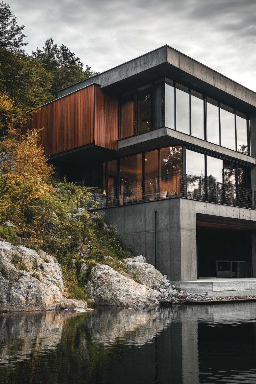 modern steel and concrete house facade on a hill over a lake Scandinavian mountain area 1