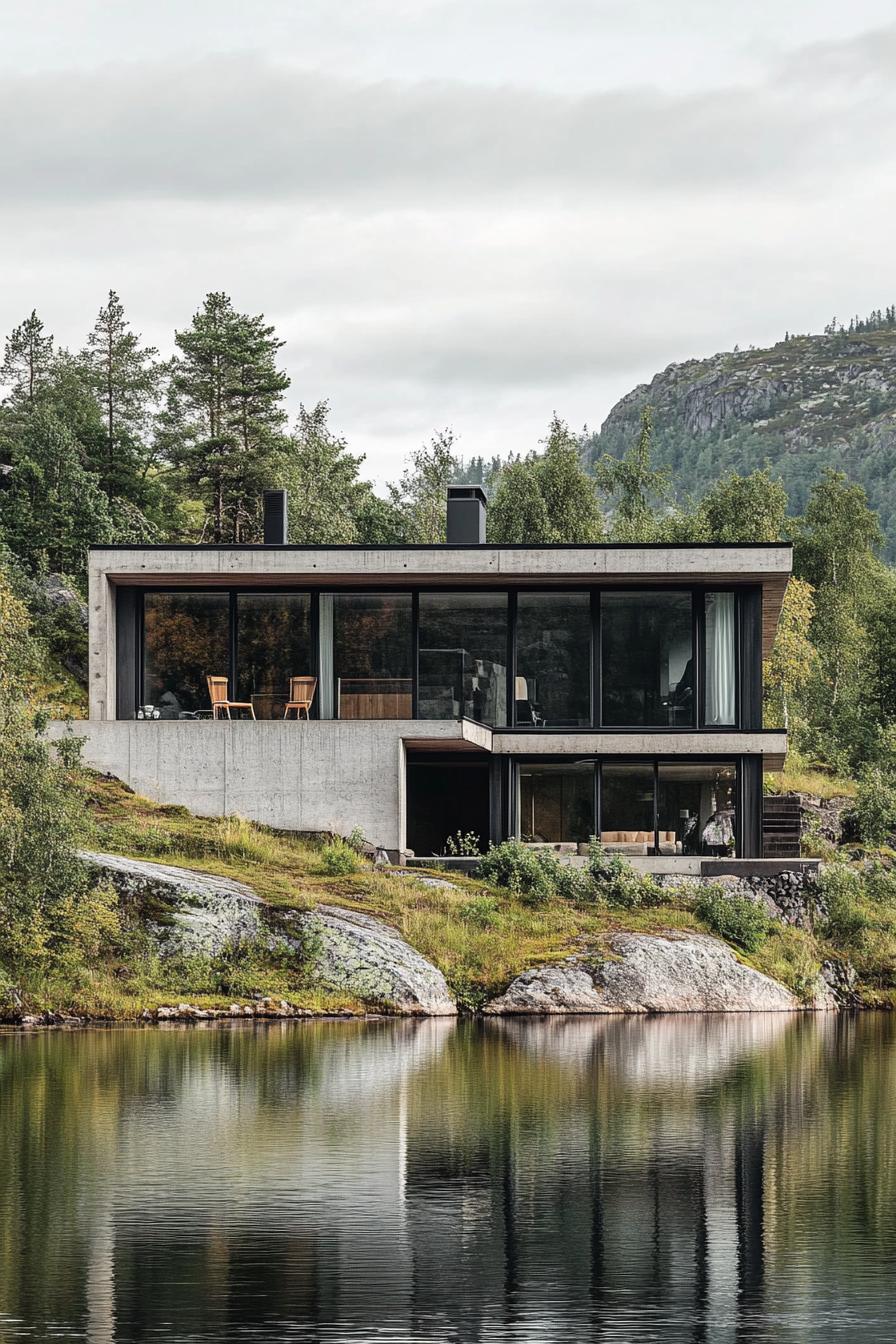 modern steel and concrete house facade on a hill over a lake Scandinavian mountain area 2