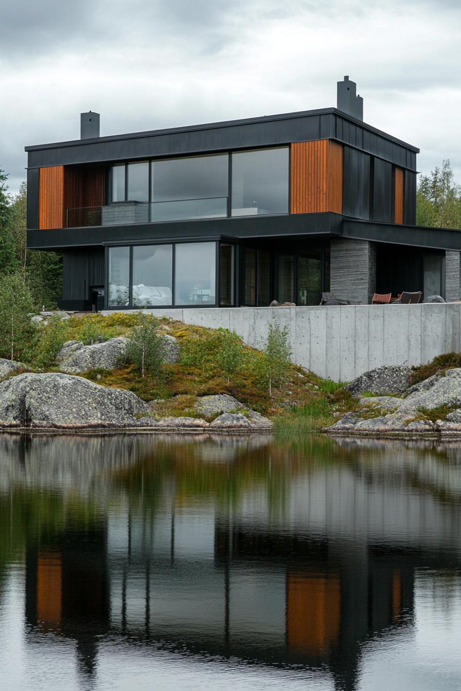 modern steel and concrete house facade on a hill over a lake Scandinavian mountain area 3