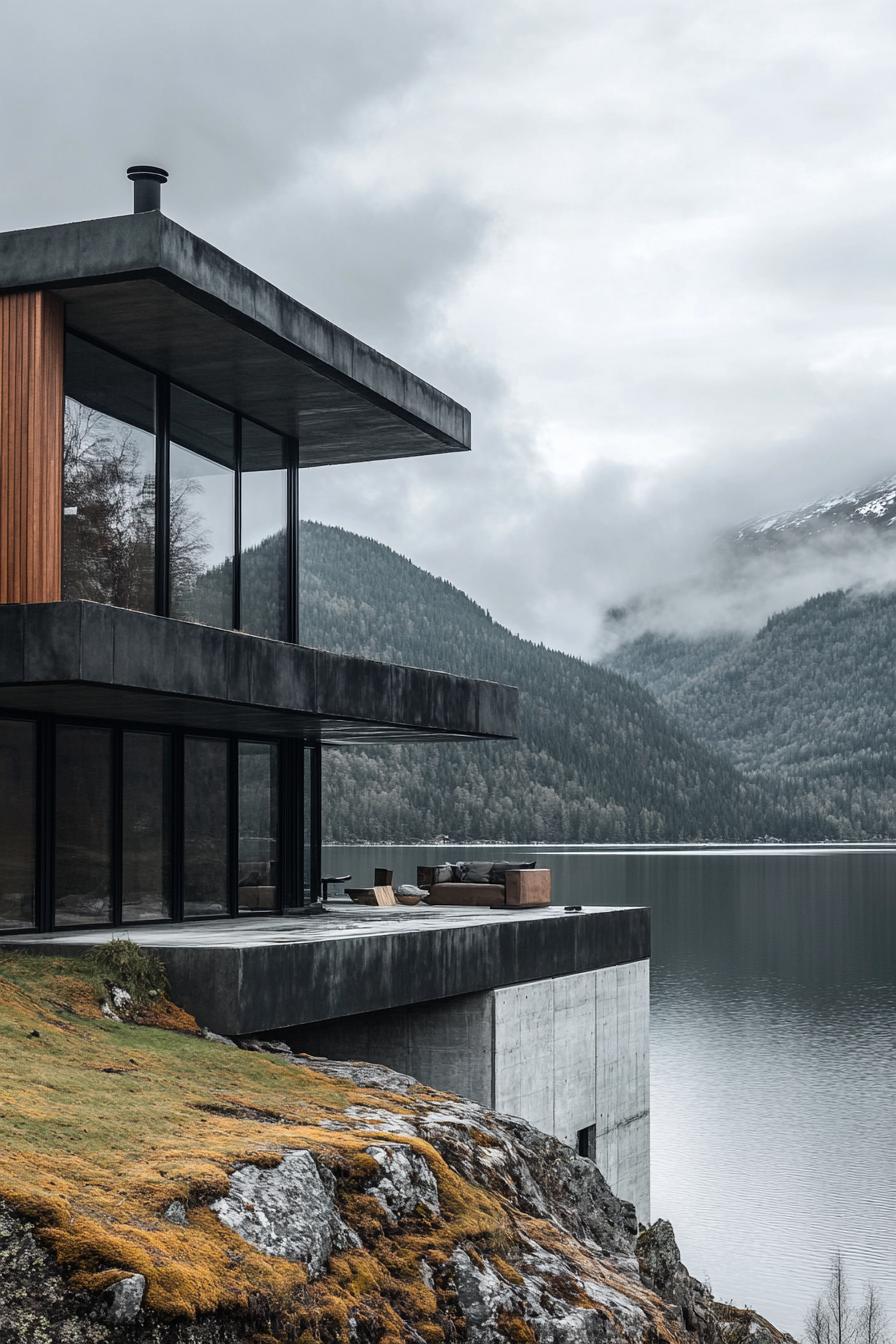 modern steel and concrete house facade on a hill over a lake Scandinavian mountain area