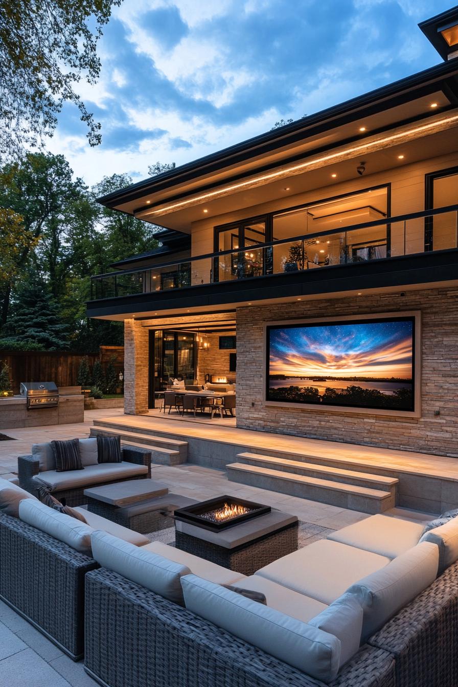 modern suburban mansion outdoor seating with large TV 1