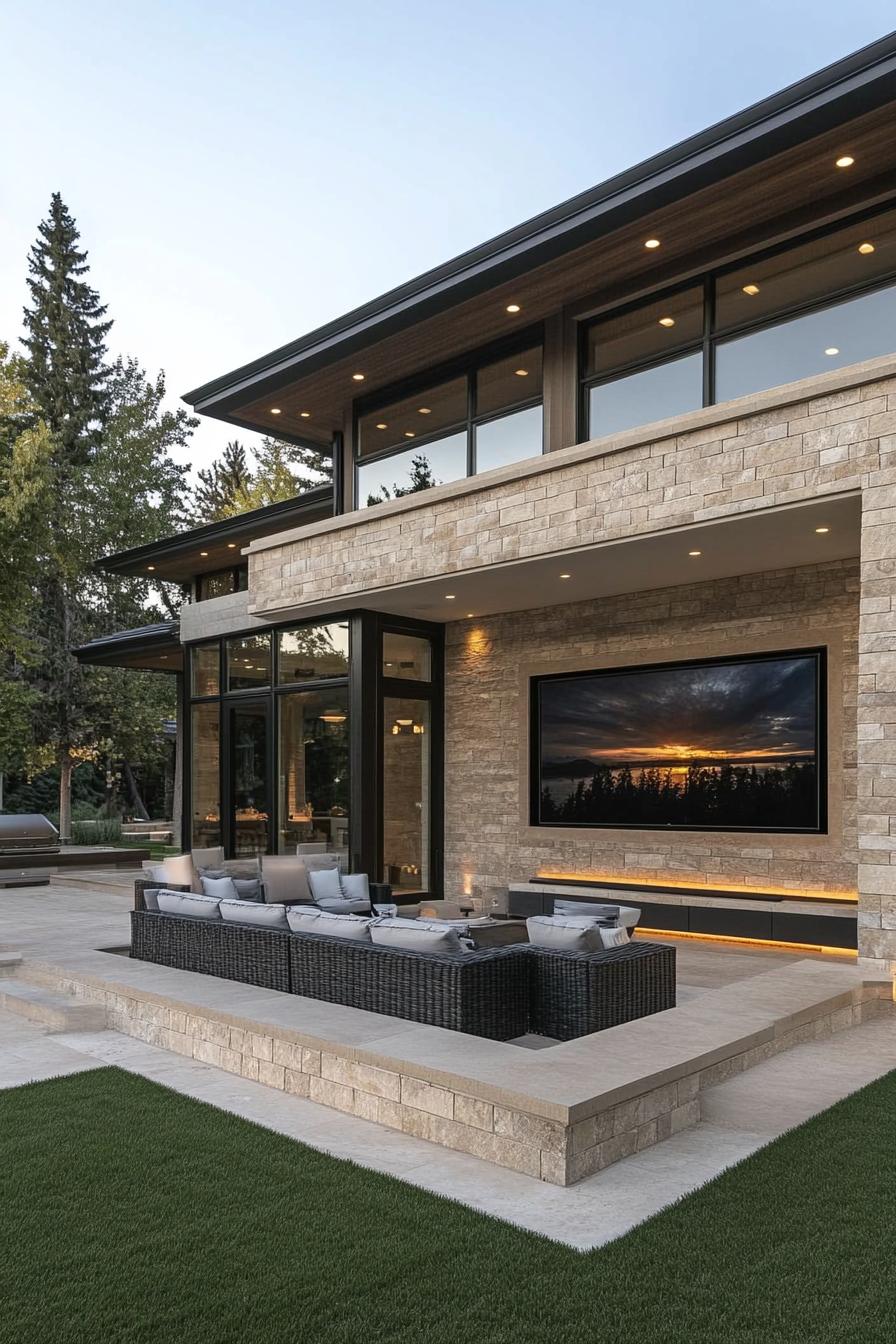 modern suburban mansion outdoor seating with large TV 2