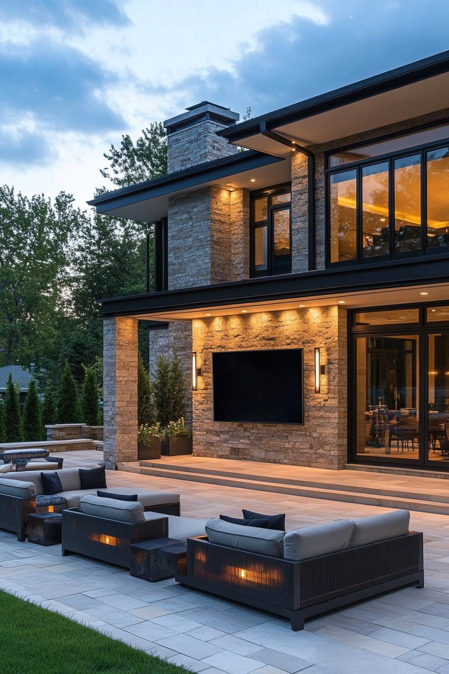 modern suburban mansion outdoor seating with large TV 3