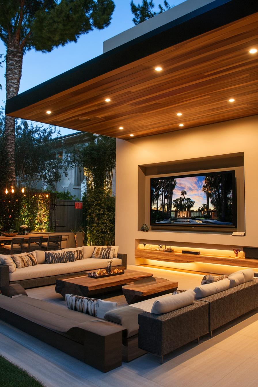 modern suburban mansion outdoor seating with large TV