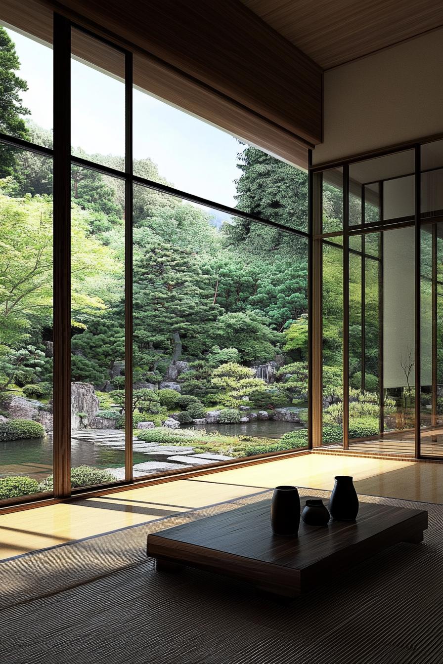 modern unique japanese style zen home zen garden with floor to ceiling windows and lush garden view 1