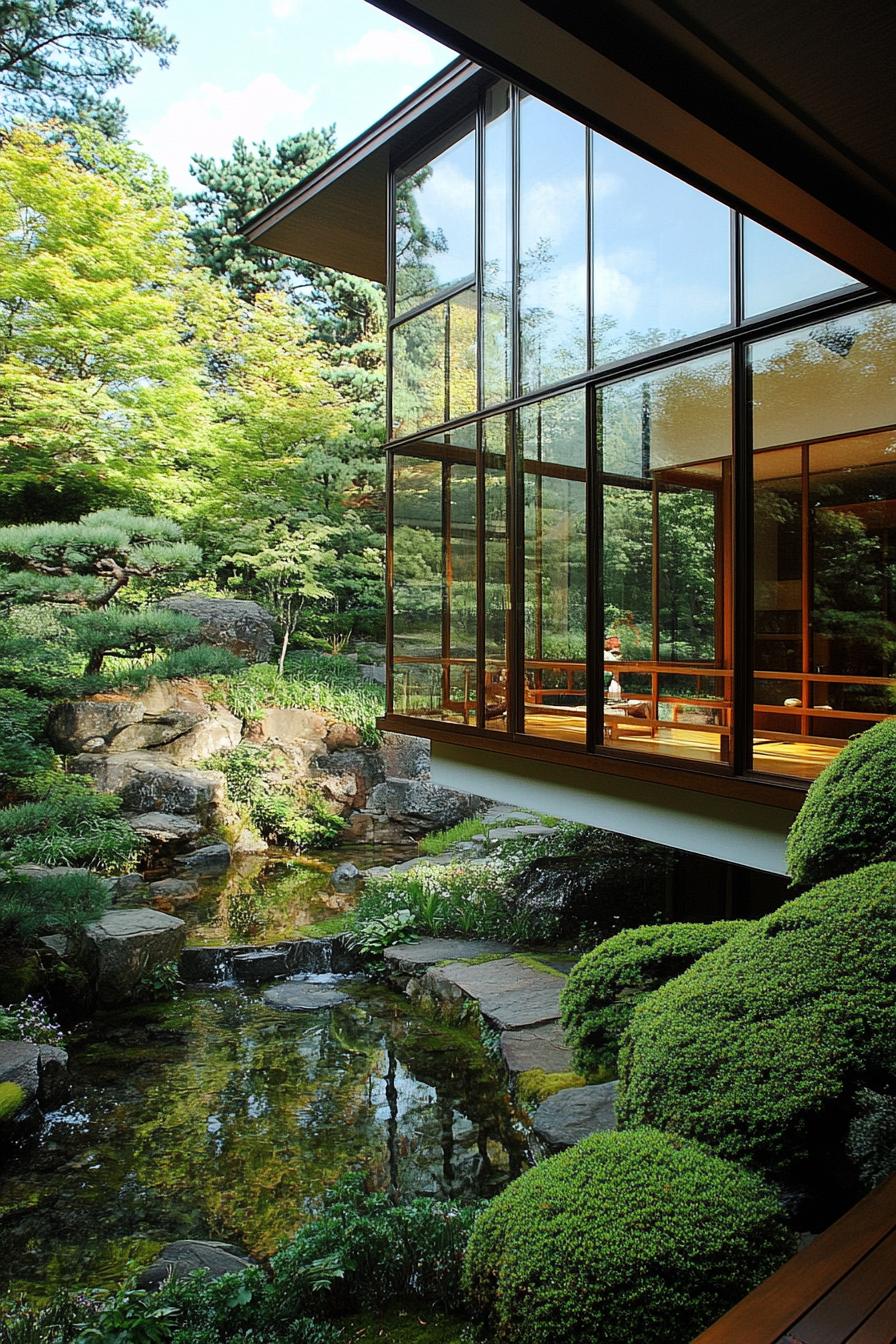 modern unique japanese style zen home zen garden with floor to ceiling windows and lush garden view 2