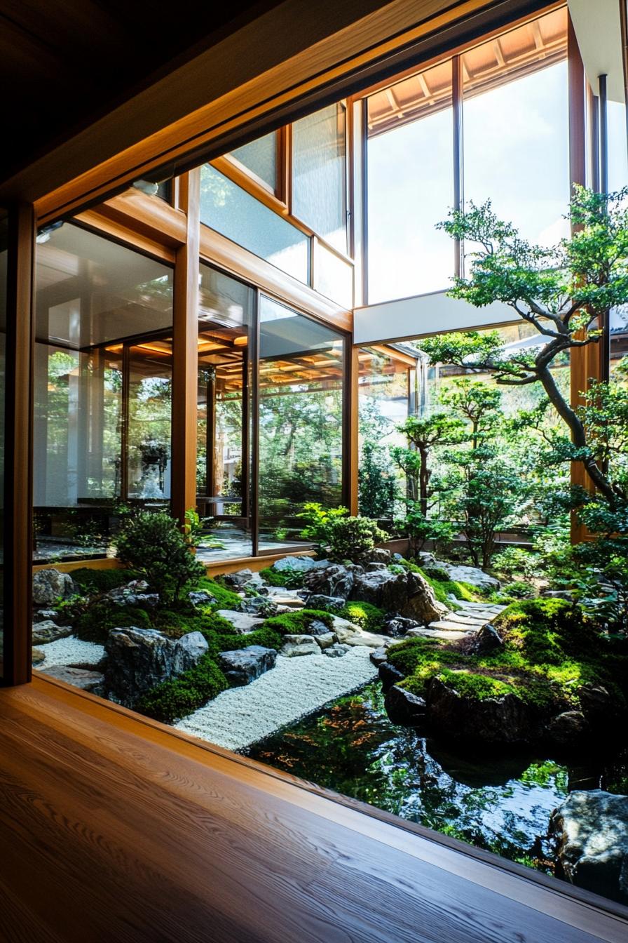 modern unique japanese style zen home zen garden with floor to ceiling windows and lush garden view 3