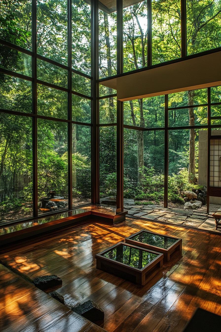 modern unique japanese style zen home zen garden with floor to ceiling windows and lush garden view