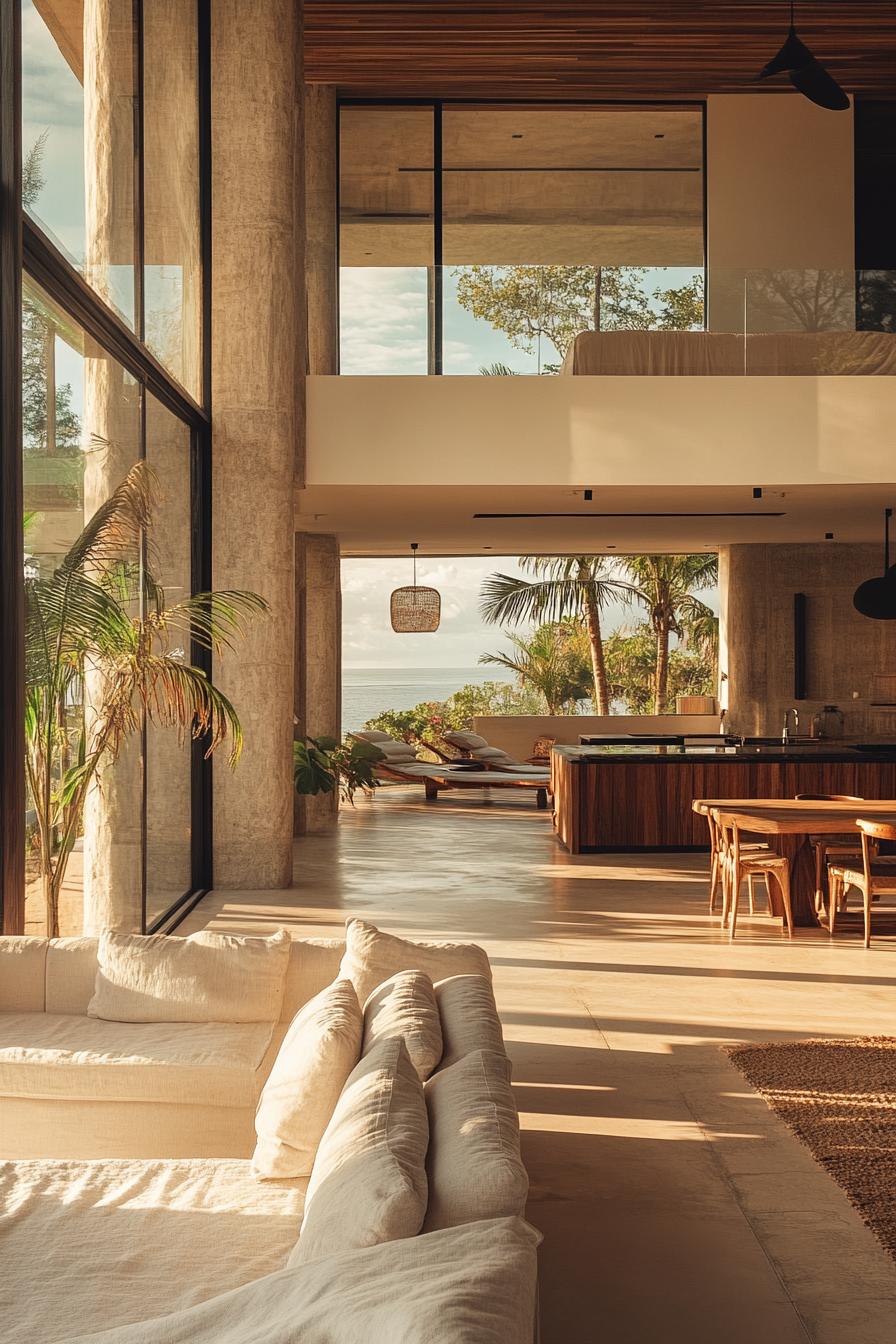 modern villa interior open plan with panoramic windows and tropical ocean views 1