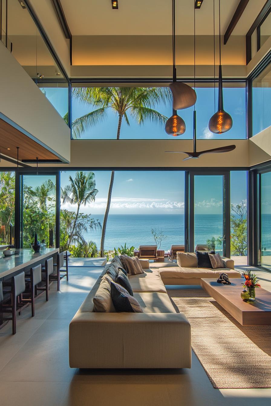 modern villa interior open plan with panoramic windows and tropical ocean views 2