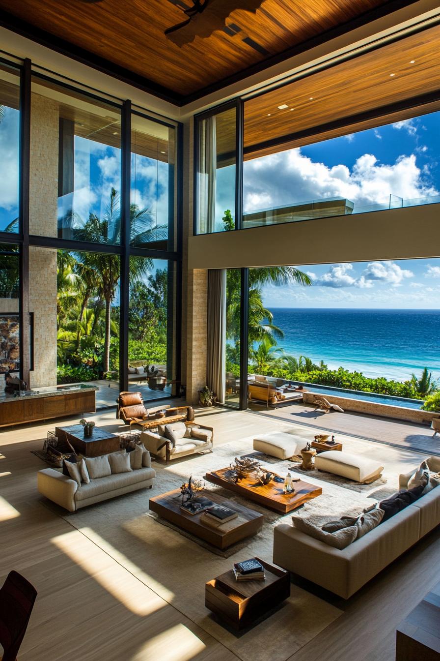 modern villa interior open plan with panoramic windows and tropical ocean views