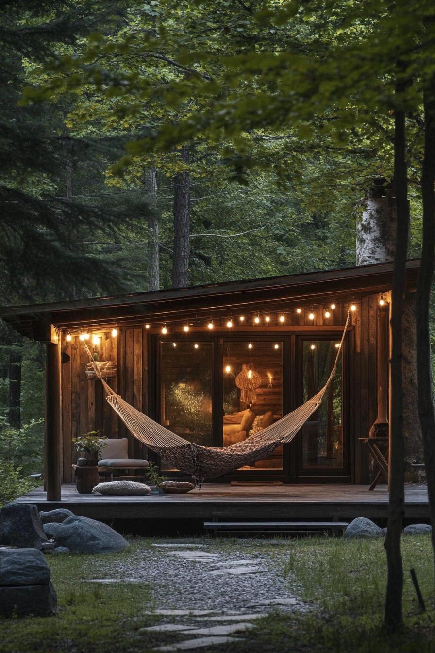 modern weathered timber cabin with porch and hammock string lights natural tree shade boho vibes 1