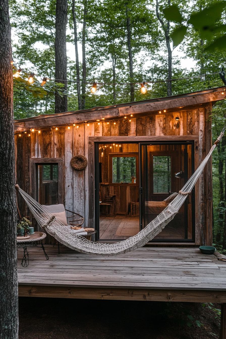 modern weathered timber cabin with porch and hammock string lights natural tree shade boho vibes 2