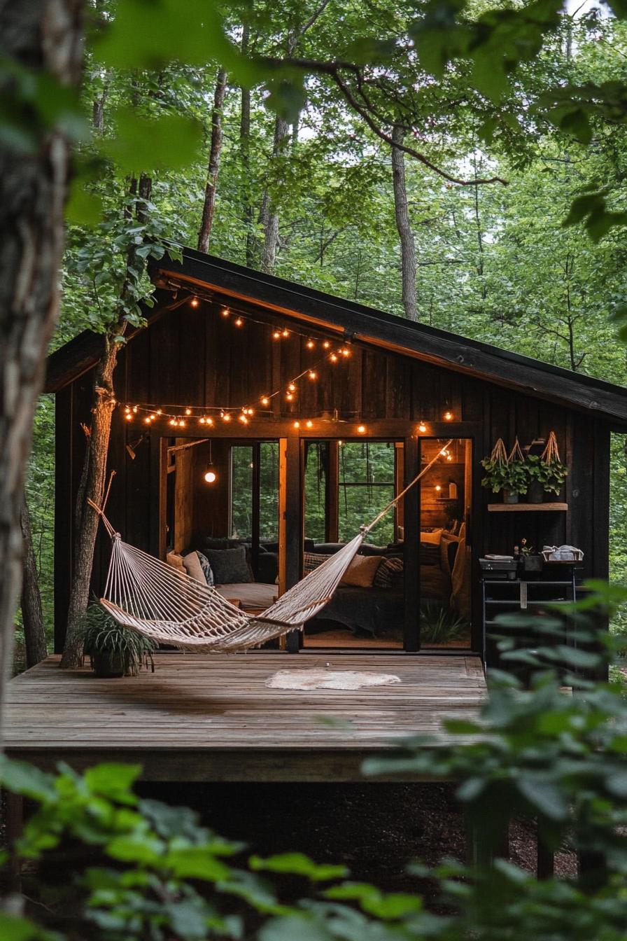 modern weathered timber cabin with porch and hammock string lights natural tree shade boho vibes 3