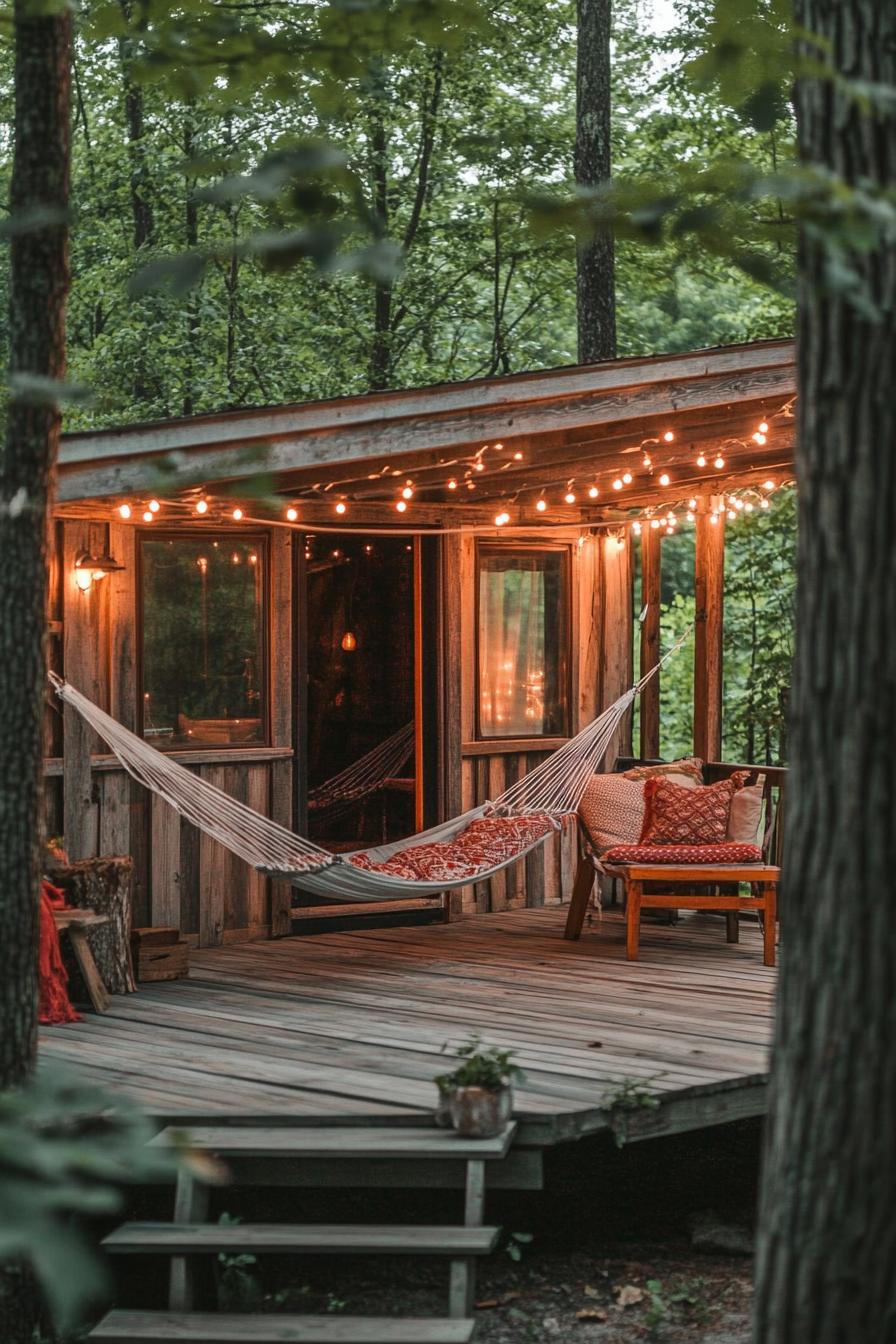 modern weathered timber cabin with porch and hammock string lights natural tree shade boho vibes