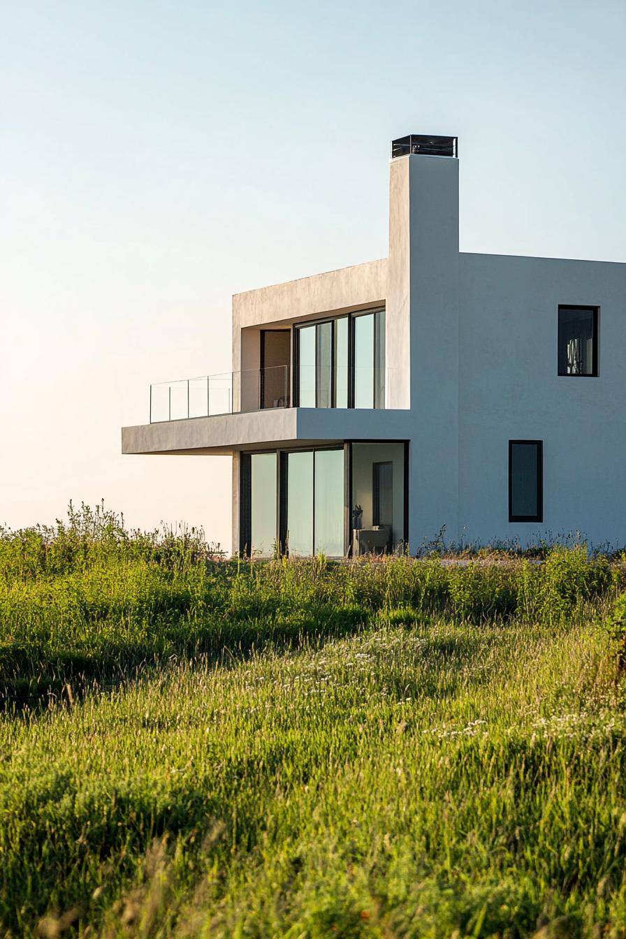 modern white chalk house exterior in stunning green fields