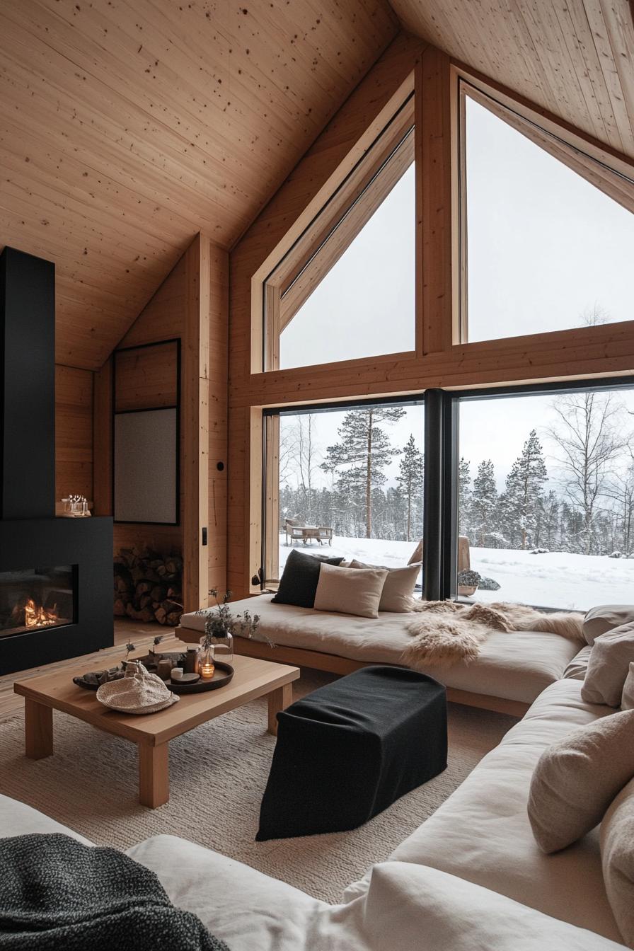 modern winter Nordic cabin with panoramic views