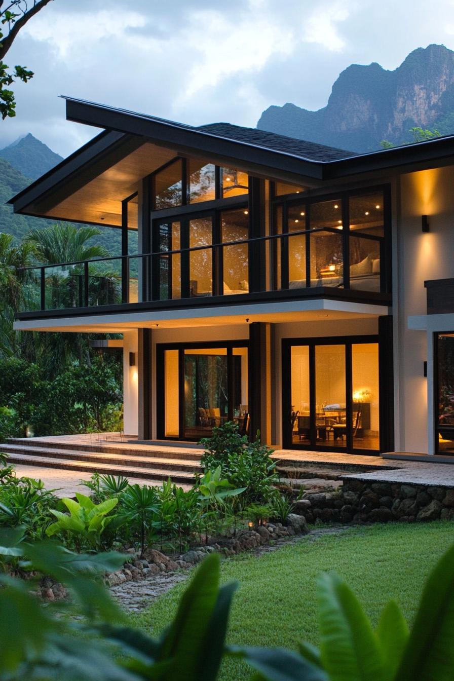 modern zen style home with large windows and panoramic tropical mountain views