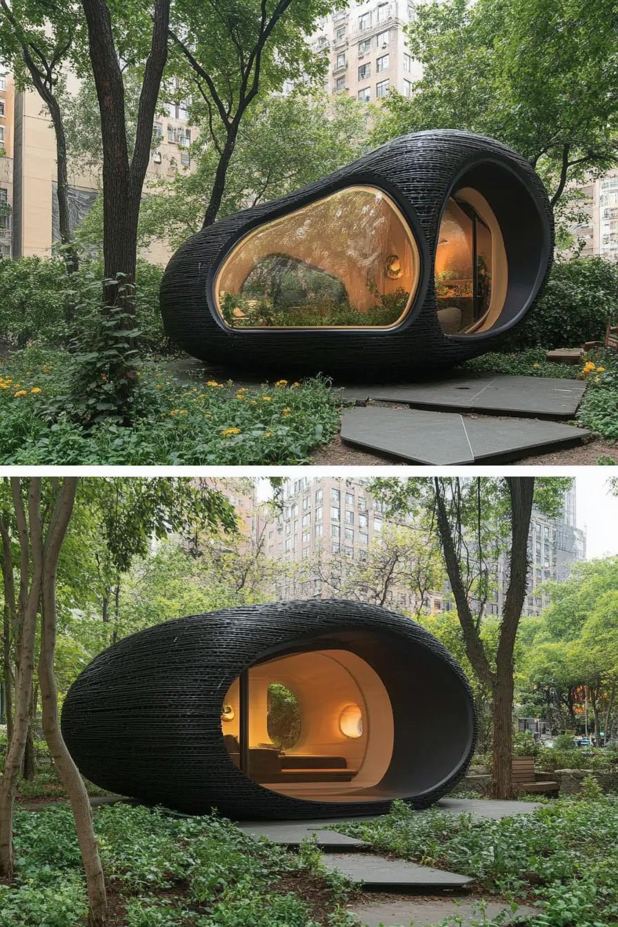 prefab 3 d printed sustainable pod home in a park