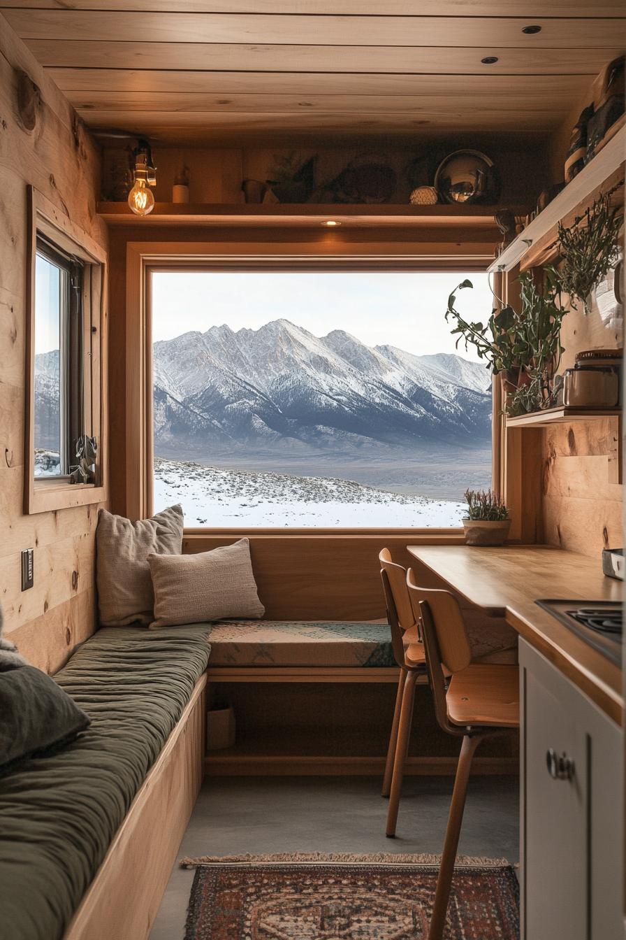 tiny home with built in mid century furniture snowy mountains visible through the window 1