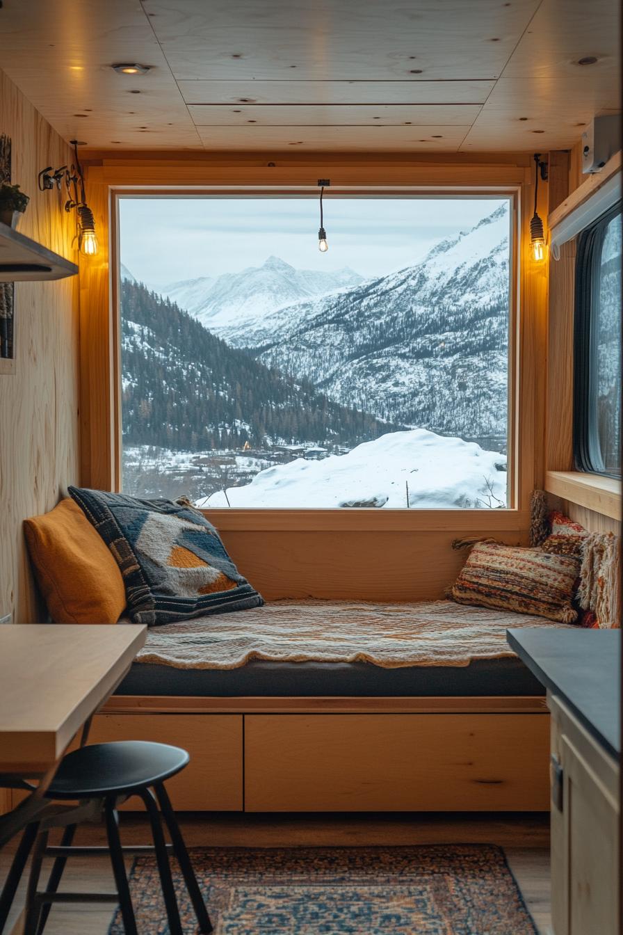 tiny home with built in mid century furniture snowy mountains visible through the window 2