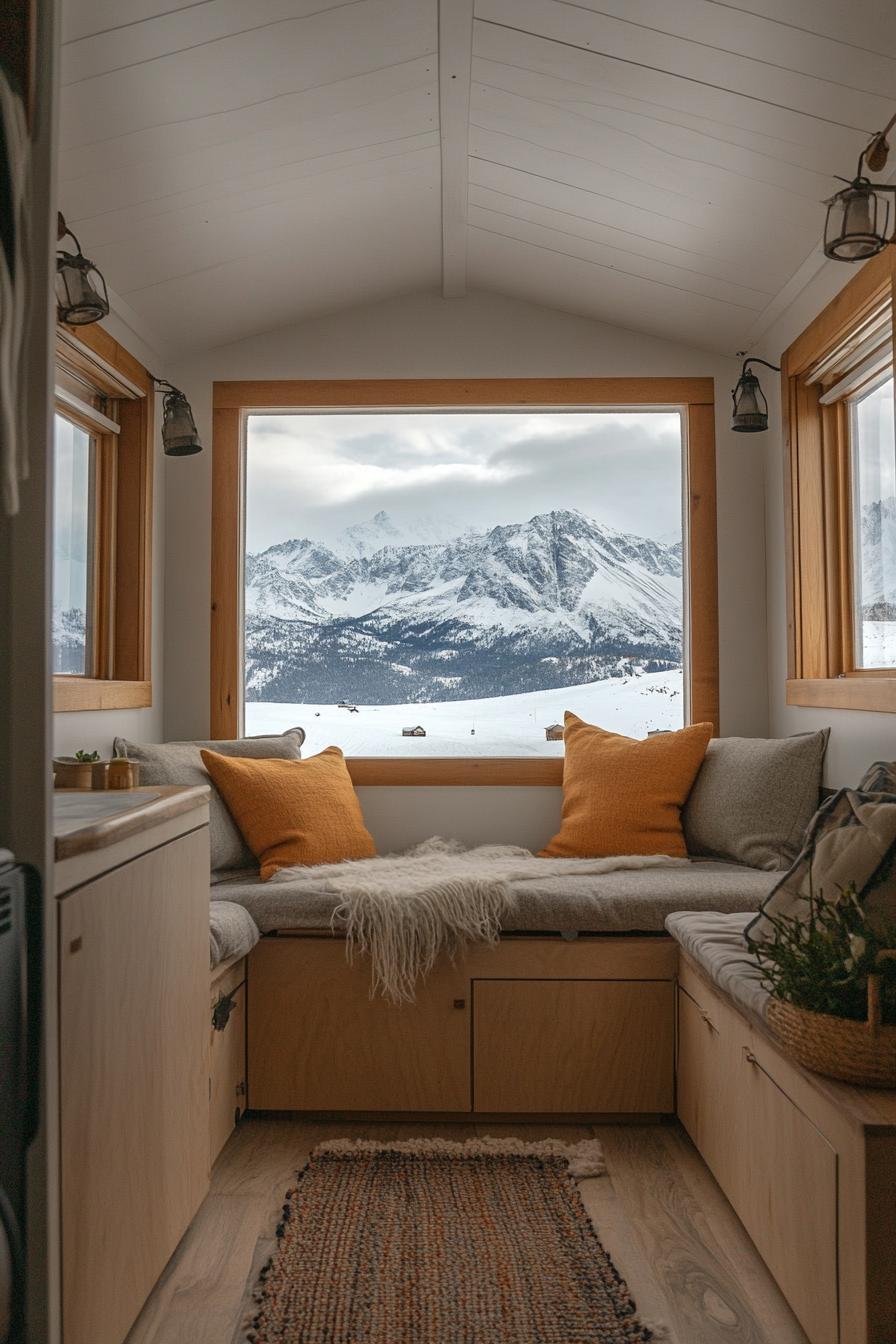 tiny home with built in mid century furniture snowy mountains visible through the window 3