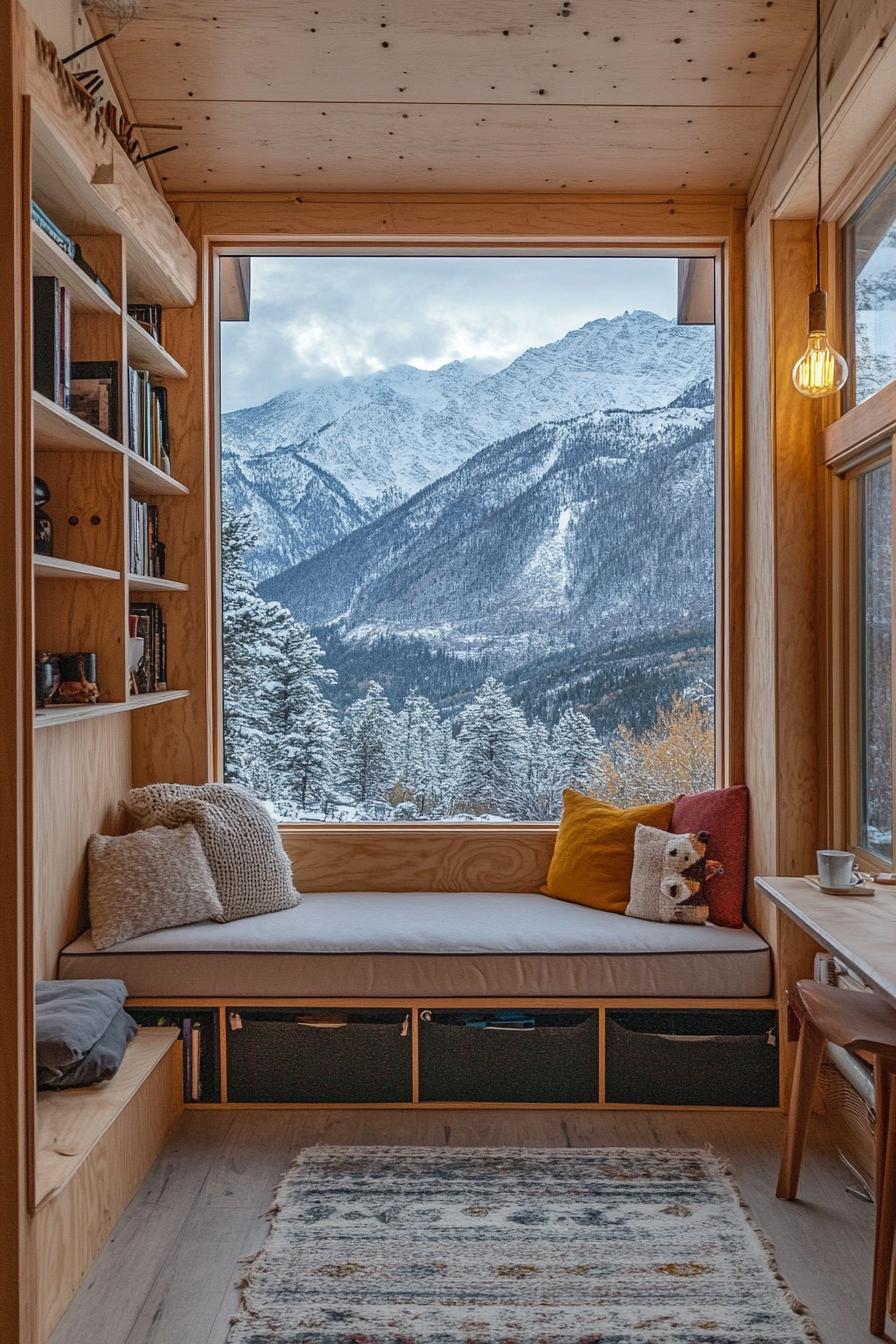 tiny home with built in mid century furniture snowy mountains visible through the window