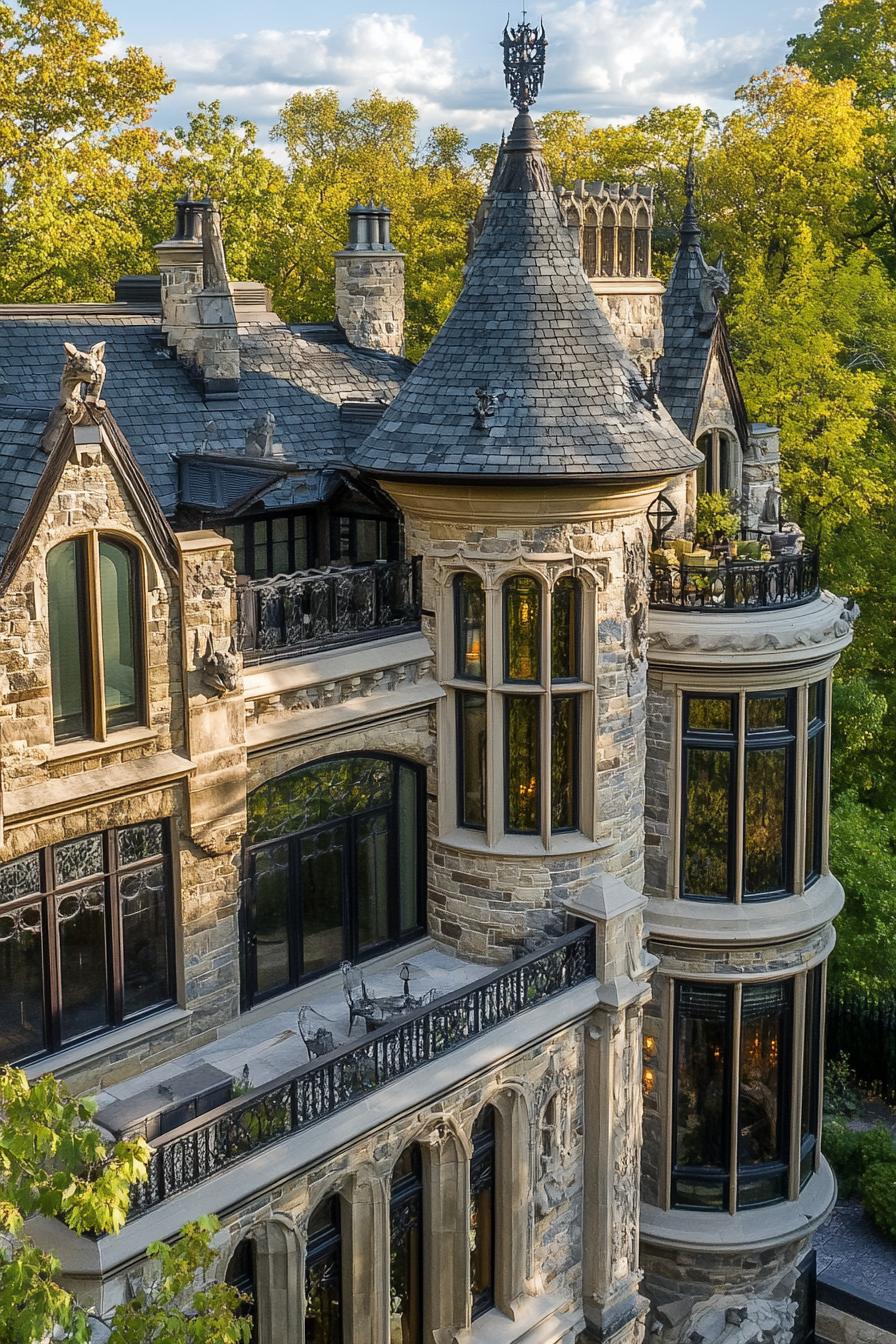 unique gothic castle style mansion with gargoyle scultpures and modern glass windows near above view 1