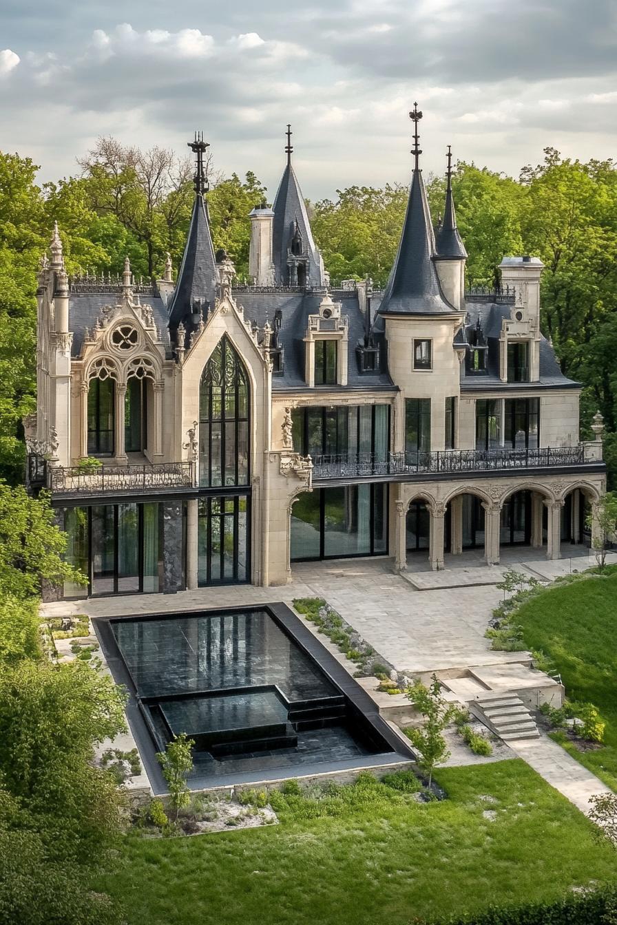 unique gothic castle style mansion with gargoyle scultpures and modern glass windows near above view 2