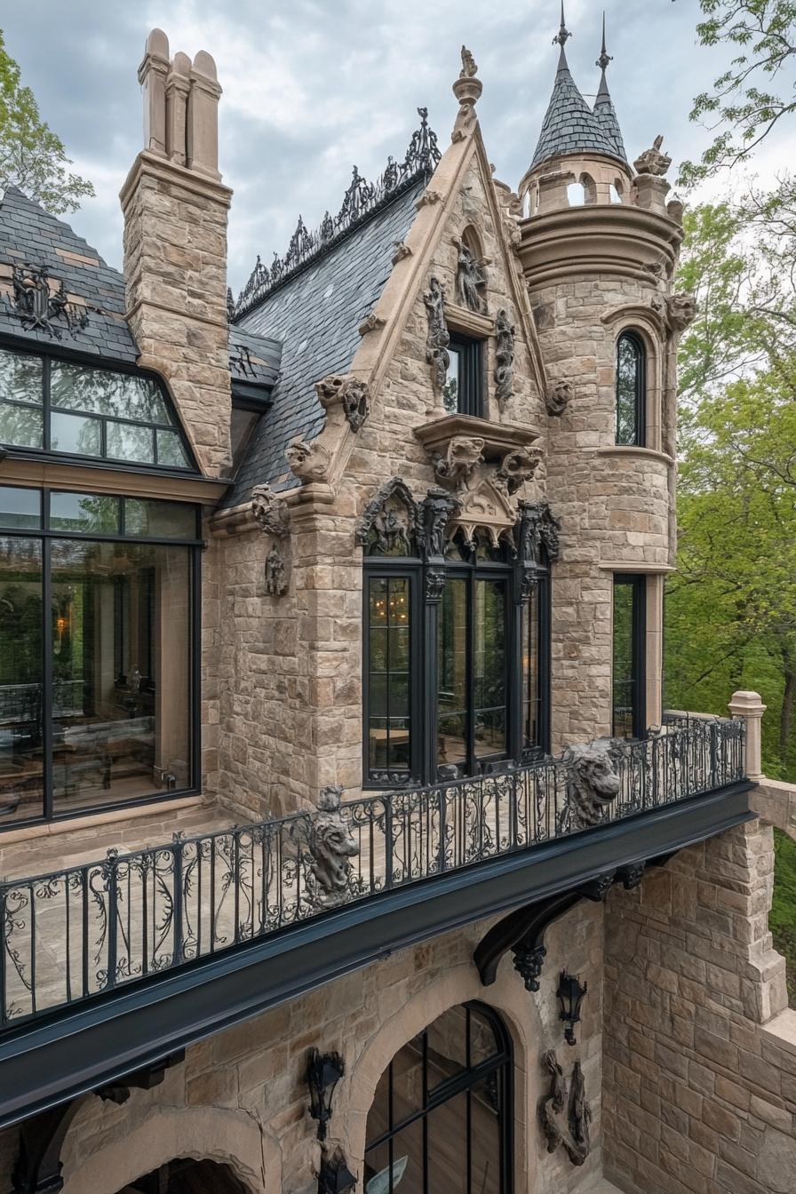 unique gothic castle style mansion with gargoyle scultpures and modern glass windows near above view 3