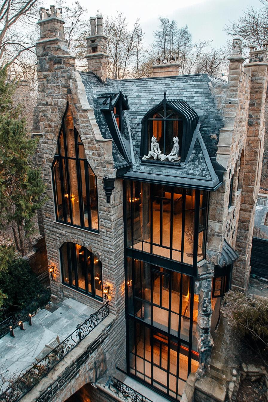 unique gothic castle style mansion with gargoyle scultpures and modern glass windows near above view