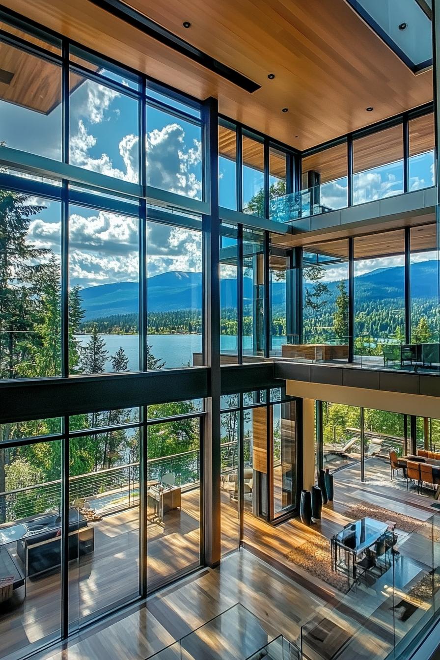 very modern mansion with floor to ceiling windows and stunning mountain lake views 1