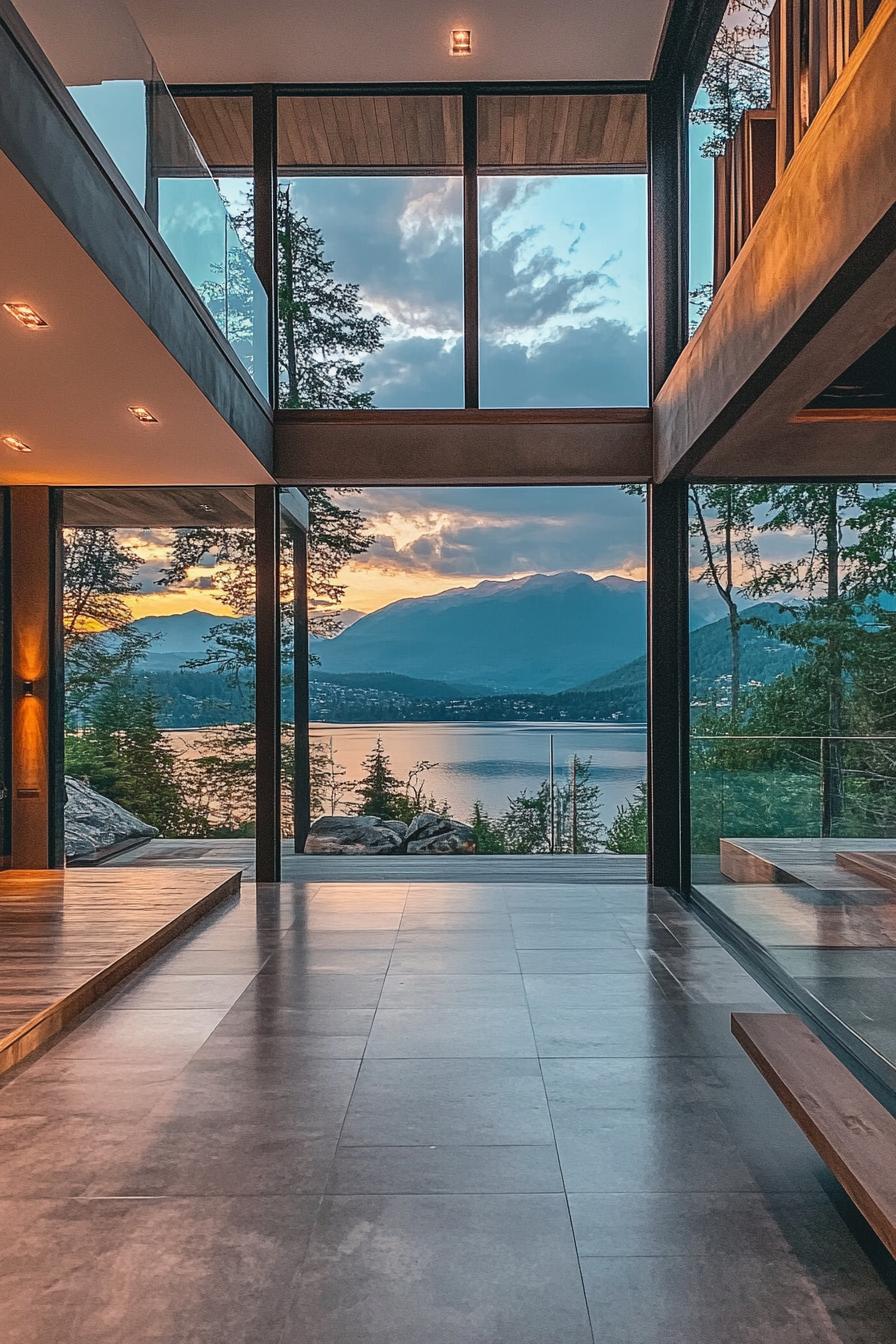 very modern mansion with floor to ceiling windows and stunning mountain lake views 2