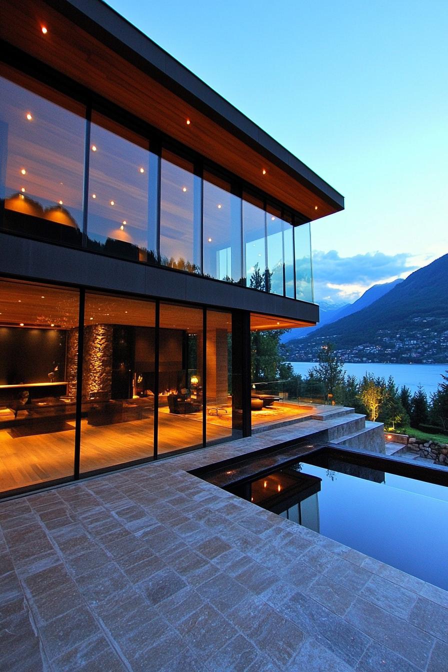 very modern mansion with floor to ceiling windows and stunning mountain lake views 3