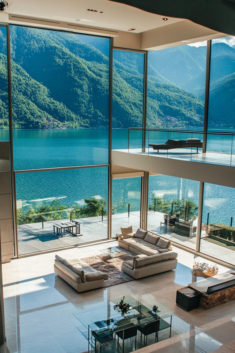 very modern mansion with floor to ceiling windows and stunning mountain lake views