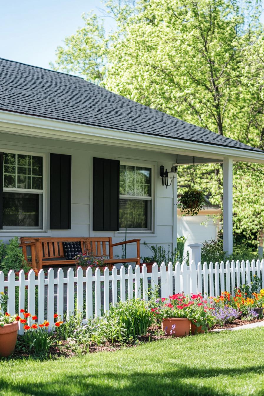 80s house modern exterior makover gable roof front porch with a bench flower pots green front yard lawn picket fence 1