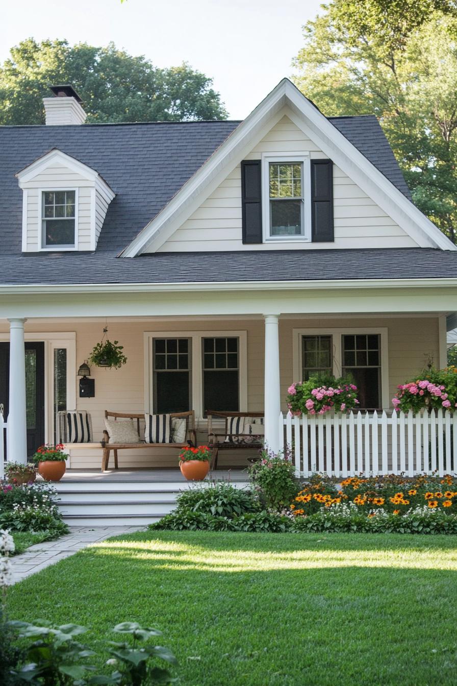 80s house modern exterior makover gable roof front porch with a bench flower pots green front yard lawn picket fence 2