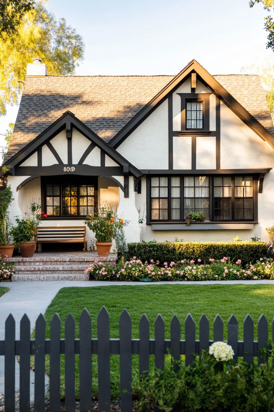 80s house modern exterior makover gable roof front porch with a bench flower pots green front yard lawn picket fence 3