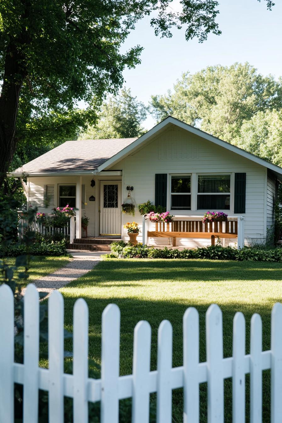 80s house modern exterior makover gable roof front porch with a bench flower pots green front yard lawn picket fence