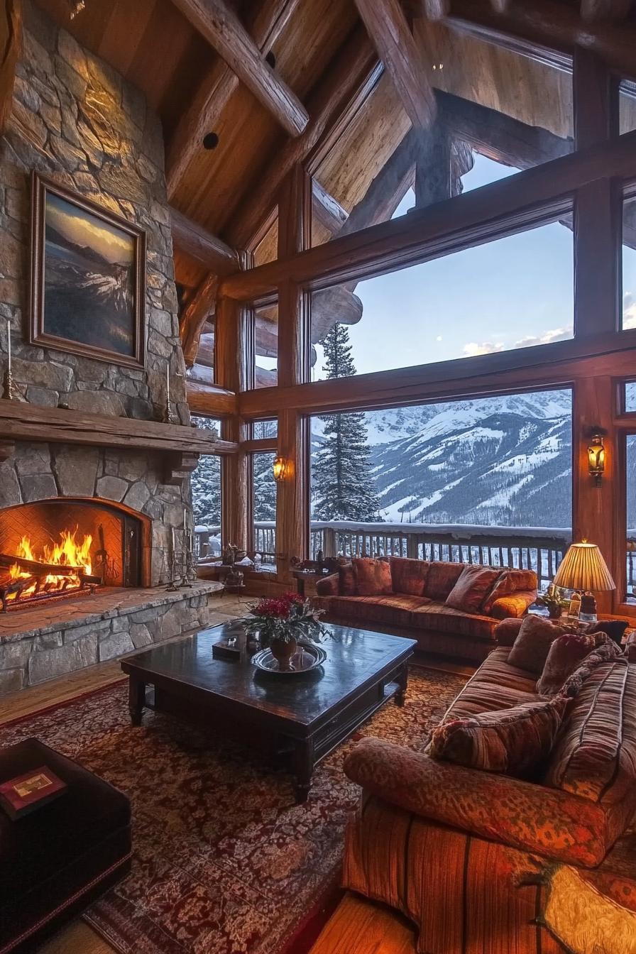 Luxury Mountain Lodge With a Grand Stone Fireplace in the Great Room stunning winter mountain views