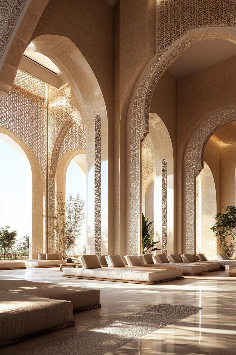 big modern Moroccan palace with arches and mosaics