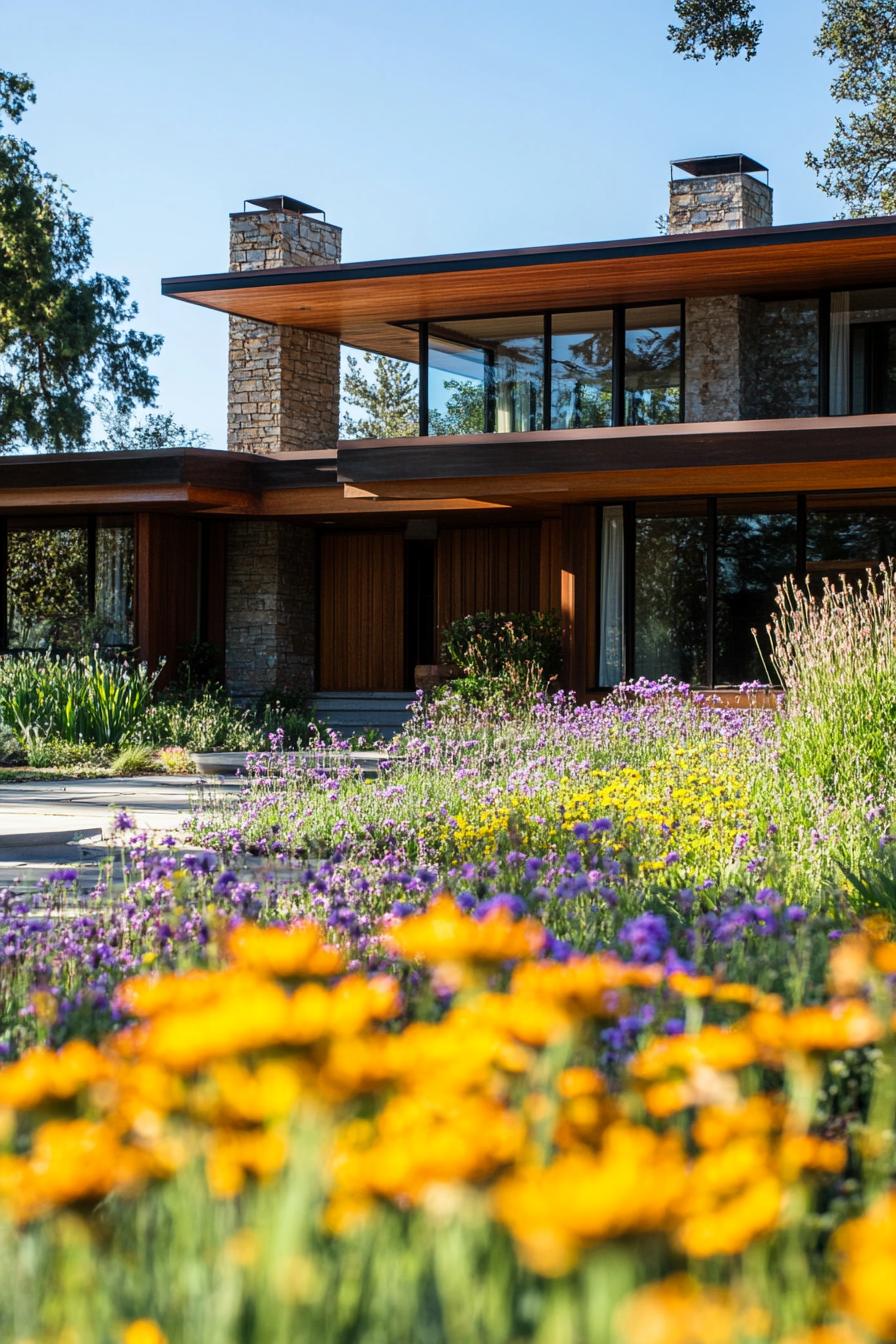 craftsman style mid century modern house with wildflower front yard landscape 2