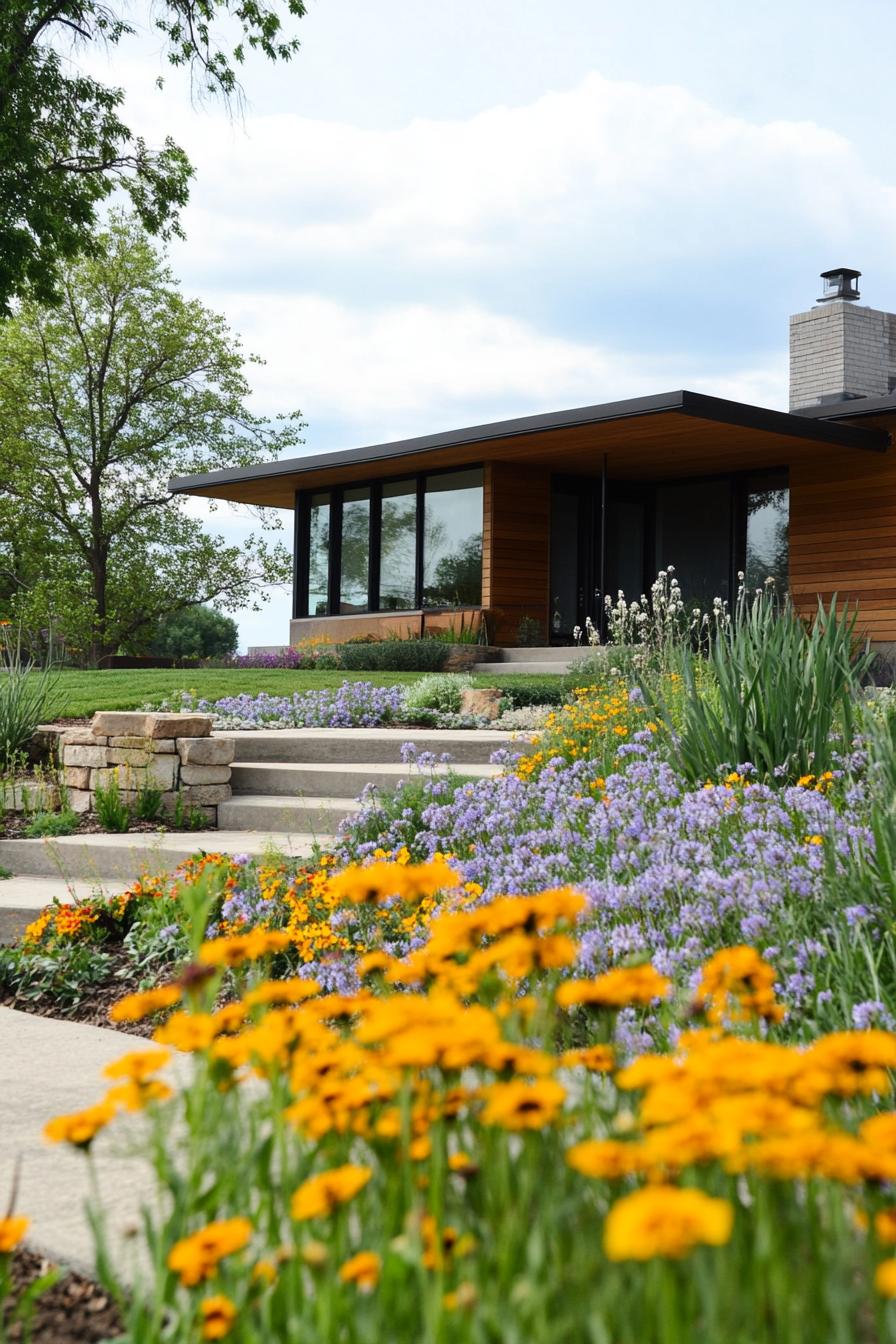 craftsman style mid century modern house with wildflower front yard landscape 3